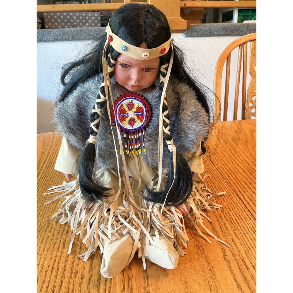 Timeless Collection Native American Porcelain Numbered Doll Fur Fringe Medallion